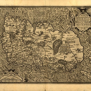 Carte de l'Irlande, 1598, restauration vintage, impression de reproduction de carte murale de style déco pour la maison.