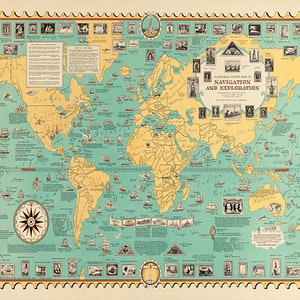 Mapa pictórico de navegación y exploración. Impresión de mapa de reproducción de pared con decoración para el hogar, de hardware de restauración vintage.