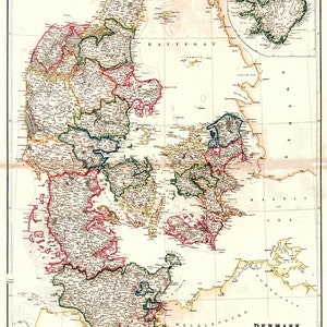 Mapa da Dinamarca, 1842. Reprodução de mapa de parede antigo em estilo Deco, com ferragens de restauração vintage.