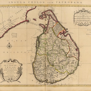 1742 年のスリランカ、セイロンの地図。ビンテージ ホーム デコ スタイルの古い壁用地図複製プリント。