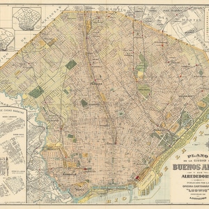 Map of Buenos Aires, Argentina.  1929 Vintage home Deco Style old wall reproduction map print.
