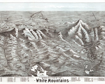 Map of White Mountains, 1890, New-Hampshire NH.  Vintage restoration hardware home Deco Style old wall reproduction map print.
