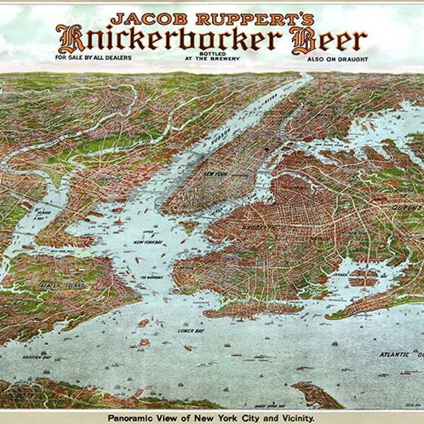 Jacob Ruppert's Knickerbocker beer advertisment in a detailed panoramic style map of New York and surrounding areas Art Print Poster NY0083