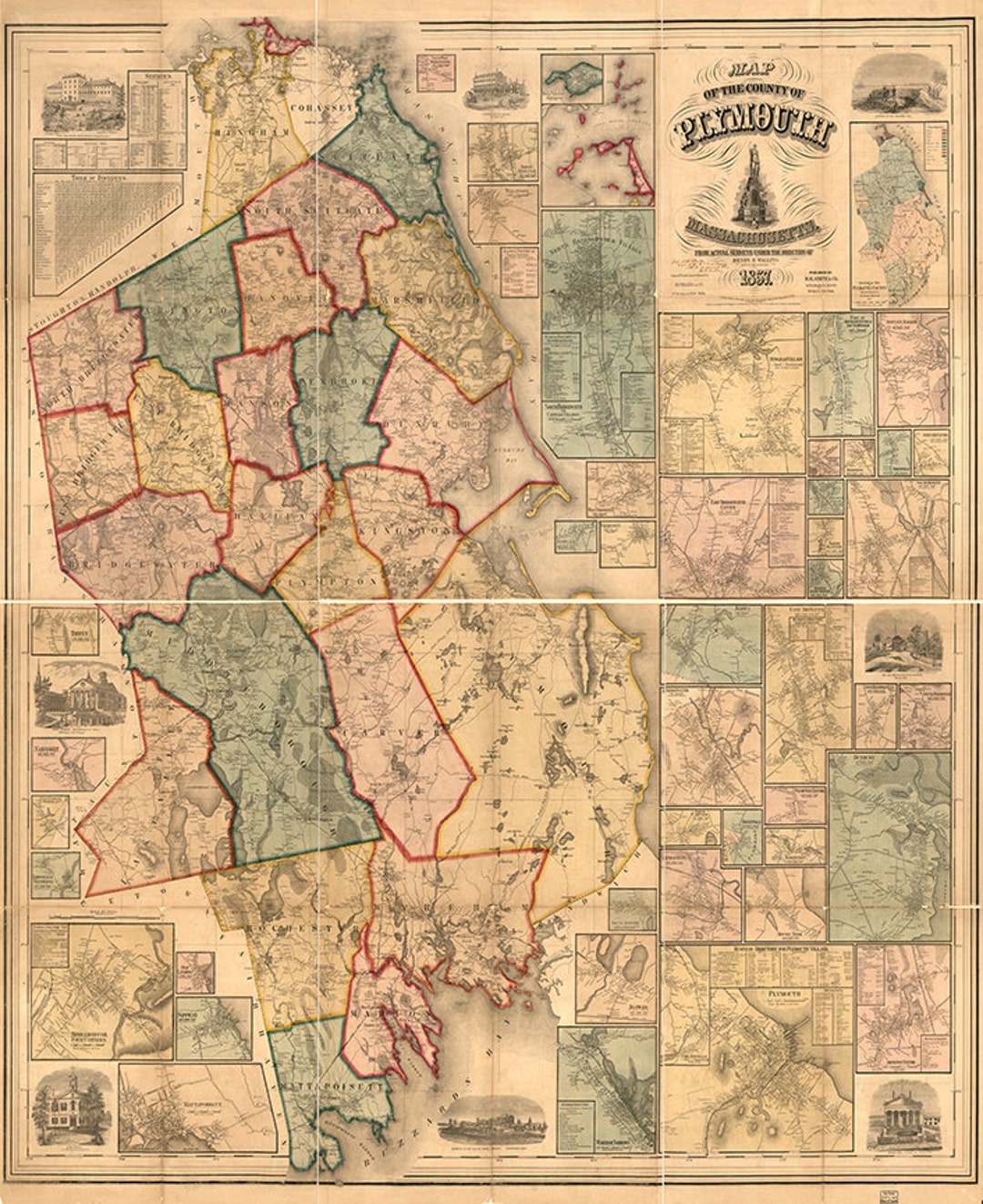 Map of Plymouth County, Massachusetts, MA. 1857. Vintage Restoration