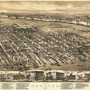 Hoboken, Hudson Co. Nueva Jersey, Vista de pájaro vintage reproducción Mapa, 1881.  Incluye in illus. e índice a los puntos de interés NJ0010