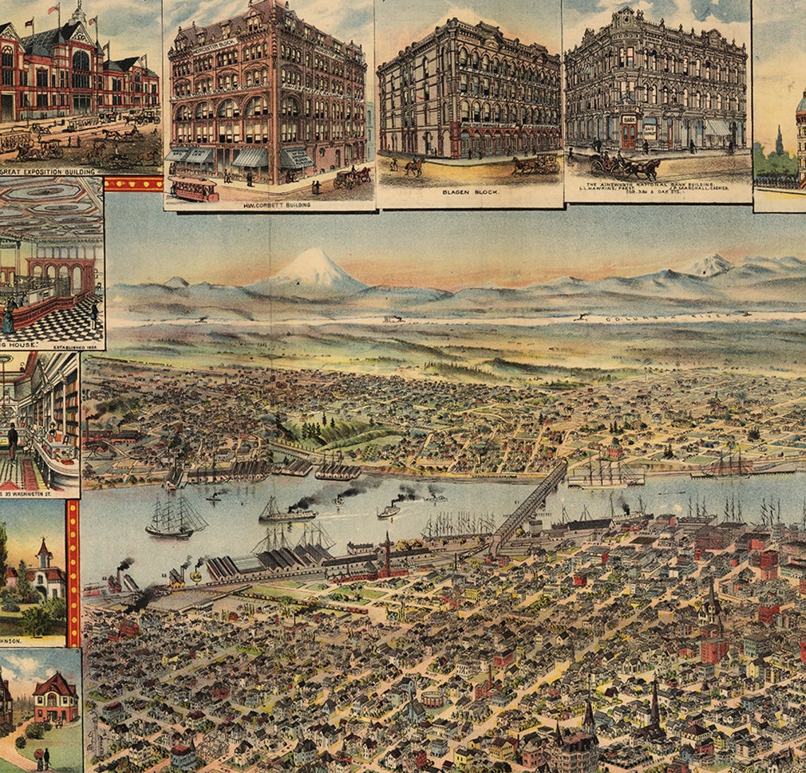 Map of Portland Oregon OR 1890. Vintage Restoration Hardware Etsy