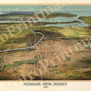 Mapa de Newark, condado de Essex, Nueva Jersey, NJ, 1916. Reproducción vintage de póster impreso con vista aérea. Disponible en diferentes tamaños.