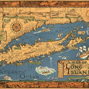 Mapa de Long Island, mapa histórico pictórico clásico, 1933. Impresión de mapa de reproducción de pared antigua de estilo Deco para el hogar, con hardware de restauración vintage.