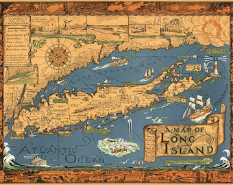 Map of Long Island Classic Pictorial Historic Map, 1933.  Vintage restoration hardware home Deco Style old wall reproduction map print.
