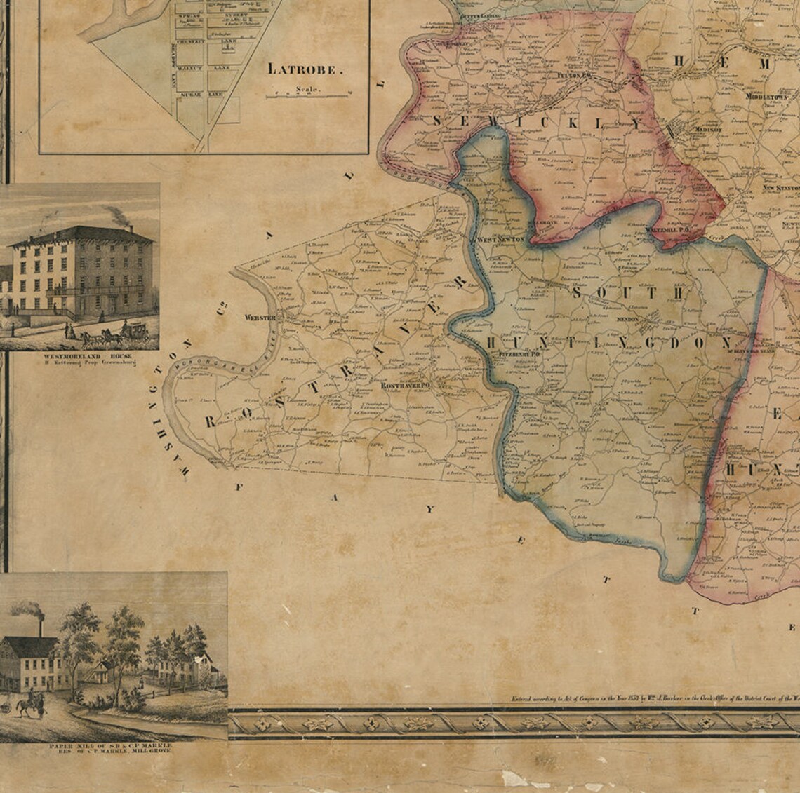 Mapa del condado de Westmoreland Pensilvania Pa. 1857. Etsy España
