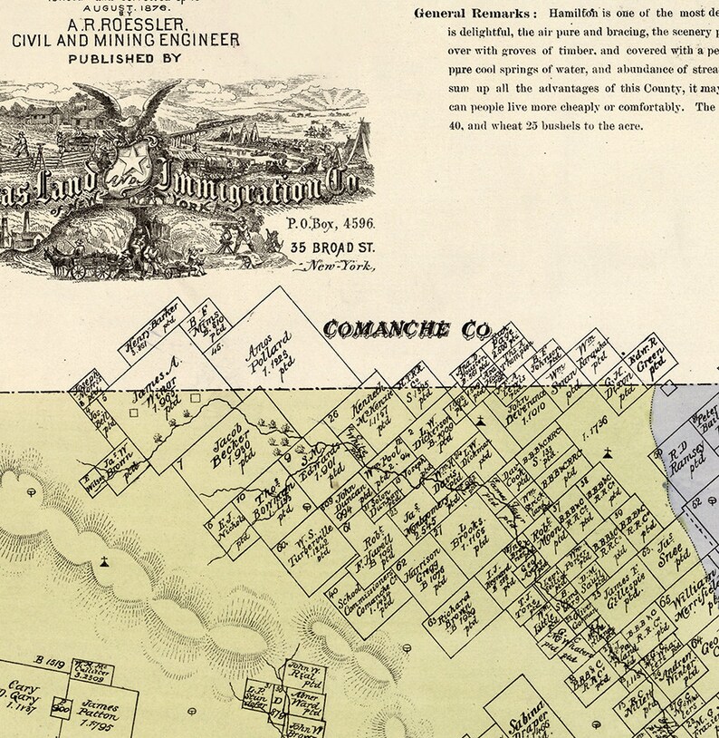Map of Hamilton County Texas TX 1876. Shows Ownership. Etsy