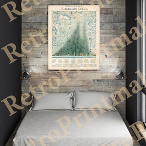 Mapa panorâmico dos principais rios e lagos, 1851. Reprodução de mapa antigo para parede, em estilo Art Déco vintage.