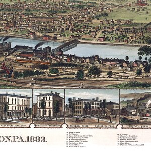 K&ouml;nnte beinhalten: Eine antike Karte von Beaver, Pennsylvania aus dem Jahr 1883. Die Karte zeigt den Grundriss der Stadt mit Geb&auml;uden, Stra&szlig;en und dem Beaver River. Die Karte enth&auml;lt einen Schl&uuml;ssel mit nummerierten Standorten bemerkenswerter Geb&auml;ude und Gesch&auml;fte, darunter das Opernhaus, die Nationalbank, das Sourbeck House und die Novelty Works.