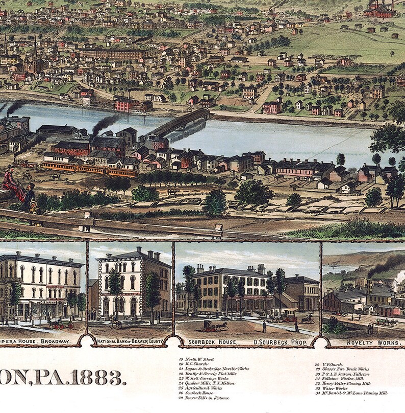 K&ouml;nnte beinhalten: Eine antike Karte von Beaver, Pennsylvania aus dem Jahr 1883. Die Karte zeigt den Grundriss der Stadt mit Geb&auml;uden, Stra&szlig;en und dem Beaver River. Die Karte enth&auml;lt einen Schl&uuml;ssel mit nummerierten Standorten bemerkenswerter Geb&auml;ude und Gesch&auml;fte, darunter das Opernhaus, die Nationalbank, das Sourbeck House und die Novelty Works.