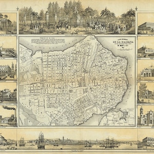 Map of Havana, Cuba. Plano Pintoresco De La Habana con los numeros de las casas.  Vintage Reproduction Print.