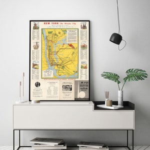 Mappa di transito rapido della Grande New York. Elenco di attrazioni e grattacieli. Home Deco Style Old Wall Riproduzione Vintage.