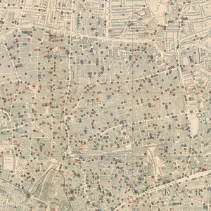 May include: A detailed map of London, England, with red crosses and black circles marking locations throughout the city. The map is printed on a cream-colored paper and includes street names and other geographical features.