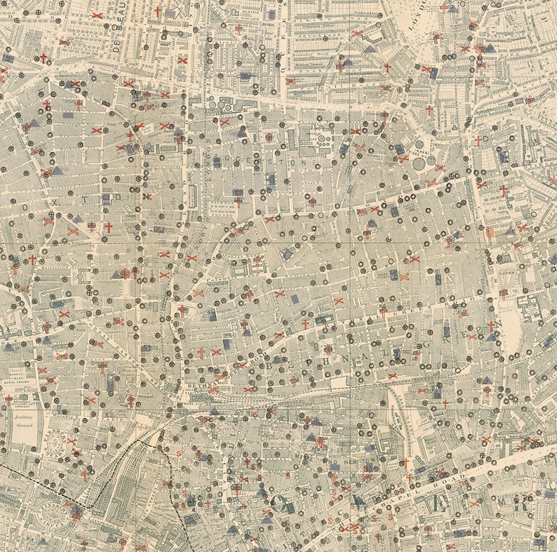 May include: A detailed map of London, England, with red crosses and black circles marking locations throughout the city. The map is printed on a cream-colored paper and includes street names and other geographical features.
