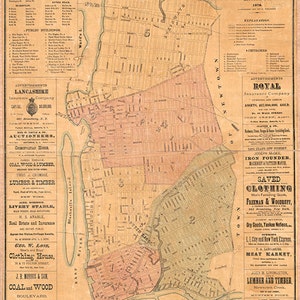 Mappa di Long Island City, Queens Co., New York N.Y 1876. Riproduzione di mappa murale in stile Deco, realizzata con ferramenta di restauro d'epoca.
