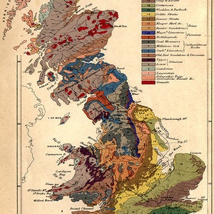 Mapa geológico de Inglaterra Reino Unido Restauración Hardware Home Deco Style Old Wall Map. Reproducción Vintage