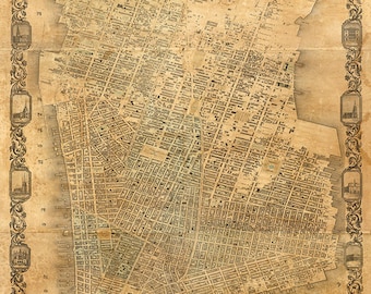 Manhattan, New York City NY, Vintage restoration hardware home Deco Style old wall reproduction map print.