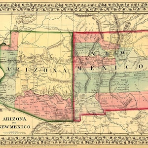 Karte von Arizona und New Mexico, 1867.Restaurierung Hardware Home Deco Stil alte Mauer Vintage Nachdruck.