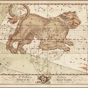Carte du Lion. Signe de constellation d'étoiles du zodiaque. Home Déco Style Vieux mur vintage Reproduction.