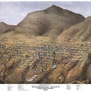 Virginia City, Condado de Storey, Nevada. 1875. Impressão de mapa de reprodução de parede antiga em estilo Deco, casa de ferragens de restauração vintage.