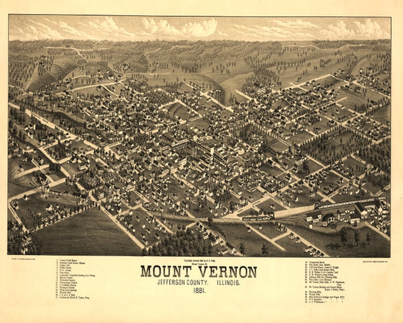 Map of Mount Vernon Illinois 1881 Vintage home Deco Style old wall reproduction map print. The King City Jefferson County