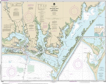 Nautical charts of Beaufort Inlet and Core Sound, North Caroline. 11545 North River, Back Sound, Jarrett Bay. Vintage Style reproduction map