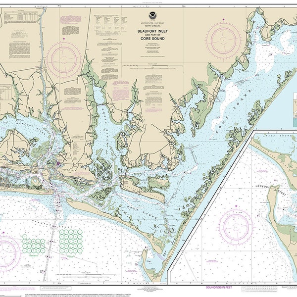 Nautical charts of Beaufort Inlet and Core Sound, North Caroline. 545. North River, Back Sound, Jarrett Bay. Vintage Style reproduction map.