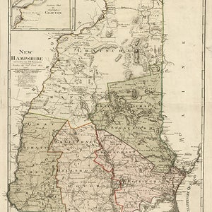 Mapa de New Hampshire. 1816. Impresión de mapa de reproducción de pared antigua de estilo Deco de hogar restaurado con hardware vintage.