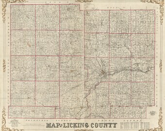 Map of Licking County, Ohio. 1854.  Vintage restoration hardware home Deco Style old wall reproduction map print.