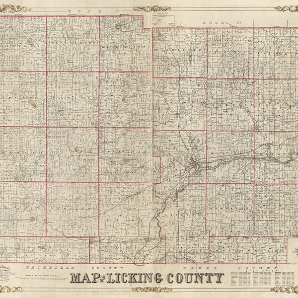 Map of Licking County, Ohio. 1854.  Vintage restoration hardware home Deco Style old wall reproduction map print.