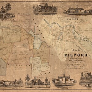 Mapa de Milford, condado de Hillsborough, New Hampshire NH 1854. Impresión de reproducción de mapa de pared antiguo de estilo Deco de casa de hardware de restauración vintage.