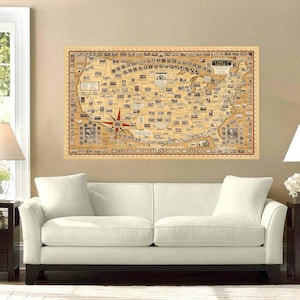 Ilustrowana mapa Stanów Zjednoczonych, plakat ze znaczkami, znaczki pocztowe USA, upominki filatelistyczne, znaczki, mapa ścienna USA, sztuka ścienna ze znaczkami, plakat ze znaczkami.