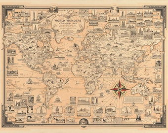 Pictorial map of World Wonders.   Vintage home Deco Style old wall reproduction map print.