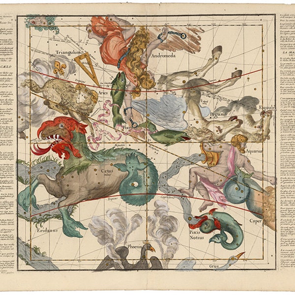 Mapping the Heavens in 1693, Plate 2.  Cetus, Aquarius, Andromeda.  Created by Ignace Gaston Pardies.  Beautiful star and constellation map.