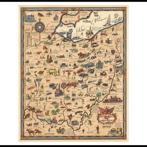 Pictorial Map Of Ohio OH . Vintage home Deco Style old wall reproduction map print.