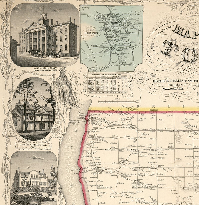 Map of Tomkins County New York NY 1853. Vintage Home Style Etsy