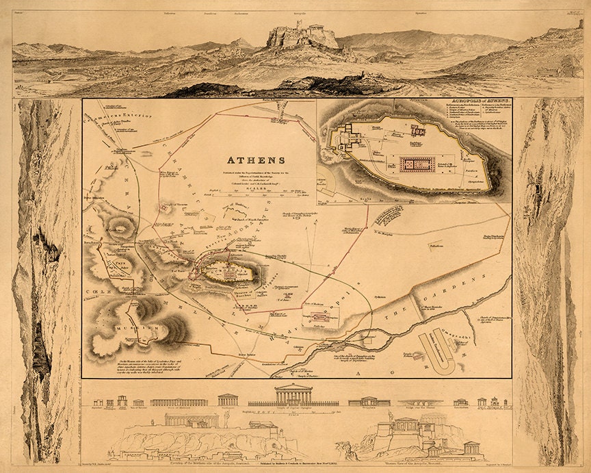 View of Athens, shows extant and presumed antiquities (buildings, theaters, tombs, walls, etc.) of central Athens as 1832. Vintage reprint.