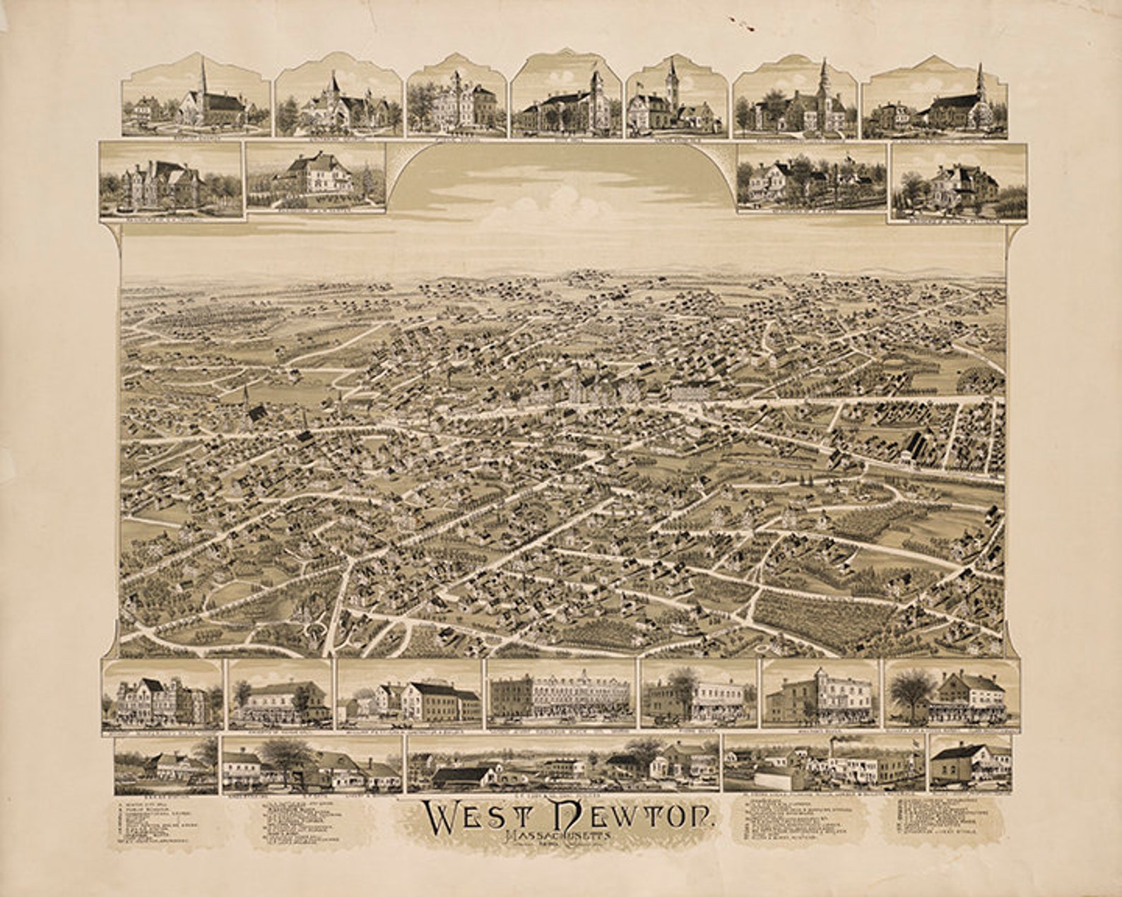 Map of West Newton Massachusetts MA. 1890. Restoration Etsy