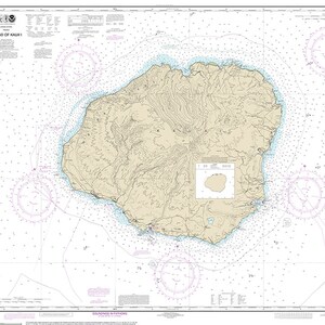Nautical Map of Kauai, Hawaiian islands (Not in Scale, Display Only).   Restoration Hardware Home Deco Style Old Wall Vintage Reprint.