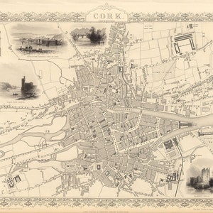Carte de la ville de Cork, Irlande, 1851.  vintage maison Deco Style vieille carte de reproduction mur.
