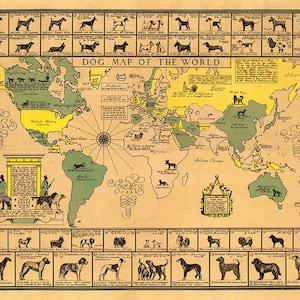 Vintage Hunde Weltkarte 1933. Antiker Hund Druck Poster Illustriert Wand Kunst Retro Home Decor Geschenk
