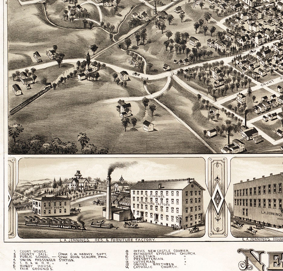 Map of New Castle Henry Co. Indiana IN. 1884. Vintage Etsy