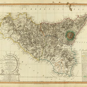 Map of Sicily, Italy, 1799s.  Vintage home Deco Style old wall reproduction map print.