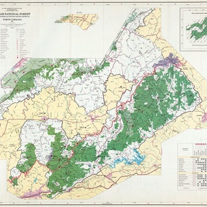 Pisgah National Forest, North Carolina: Großvater, Toecane und French Broad Ranger District.  Landkartenreproduktion.