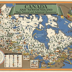 Karte von Kanada und Neufundland: Ihre natürlichen und industriellen Ressourcen.  Reproduktion einer Vintage Landkarte aus der Vogelperspektive.