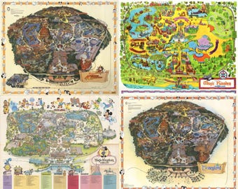 Mapa de Disneyland, Disney World y Magic Kingdom - Mapa panorámico con vista de pájaro. Reproducción de mapa antiguo estilo decoración vintage para pared.